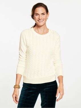 Talbots ivory cable knit crewneck sweater with button detail on shoulder NEW